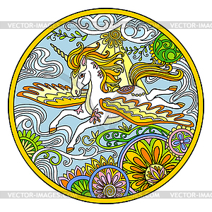 Unicorn with wings ornamental color round - vector image