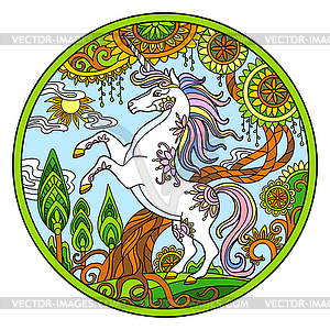 Unicorn in magic forest ornamental color round - vector clipart