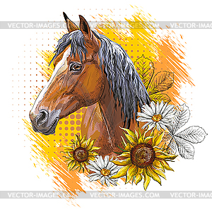 Portrait of bay horse and flowers - vector clipart