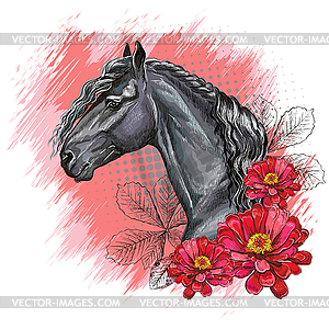 Portrait of black horse and flowers - vector image