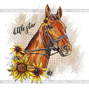 Portrait of horse and sunflowers - vector clip art