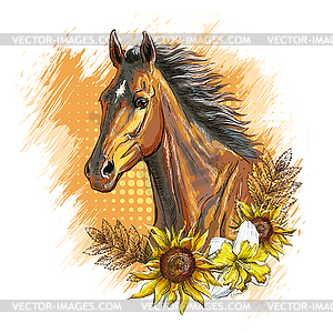 Head of horse with sunflowers - vector clipart