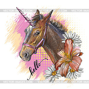 Portrait of unicorn and flowers - vector image