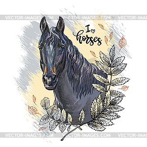 Portrait of black horse and leaves - vector image