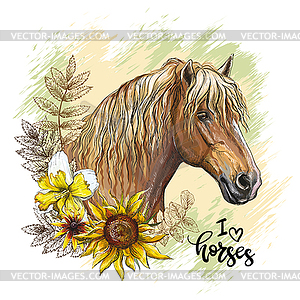 Portrait of heawy draft horse and leaves - vector EPS clipart