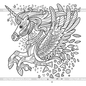Unicorn in profile adult antistress coloring page - vector clip art