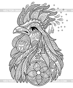 Rooster head adult antistress coloring page - vector clipart