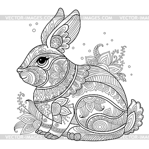 Rabbit with flowers adult antistress coloring page - vector image