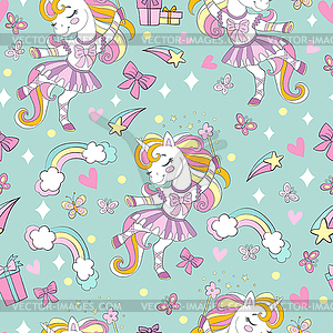 Seamless pattern with cute dancing unicorn ballerin - vector image