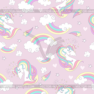 Seamless pattern with unicorns and magic elements - stock vector clipart