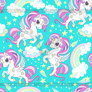 Seamless pattern with unicorns and magic elements - vector clip art