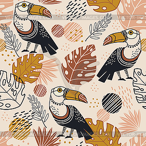 Seamless pattern exotic toucan birds and plants - vector image