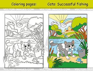 Coloring and color cat catches fish - vector image