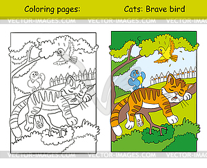 Coloring and color cat sleeping on tree - vector image