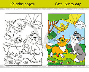 Coloring and color two cute cats on nature - vector clipart