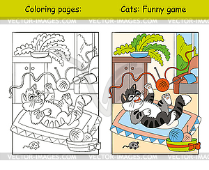 Раскраска и цветной кот играет с клубком ниток - изображение в векторе / векторный клипарт