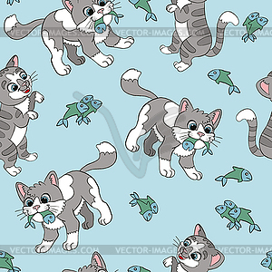 Seamless pattern with cute cats and fishes - vector clip art