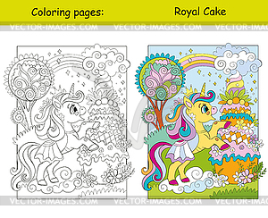 Cute little unicorn and huge cake coloring book - vector clipart / vector image