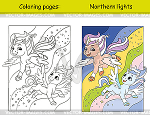 Cute little unicorns flying in night sky coloring - vector image