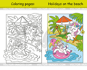 Cute little unicorns swimming in sea coloring book - vector image