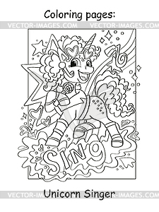 Cute beautiful unicorn singer coloring book - vector clip art