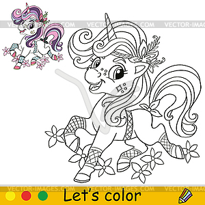 Unicorn Coloring Page with template  - vector clip art