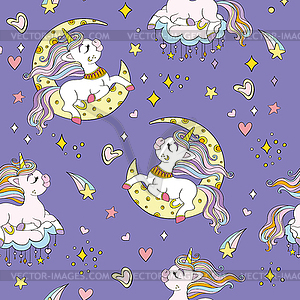Seamless pattern with lovely unicorns on moon - vector clip art