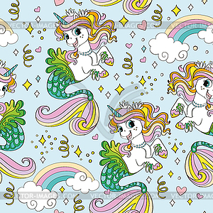 Seamless pattern with lovely sea unicorns mermaids - color vector clipart