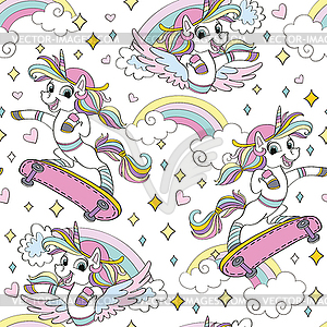 Seamless pattern with unicorn on skateboard - vector image