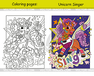 Cute unicorn singer coloring and template - vector clipart