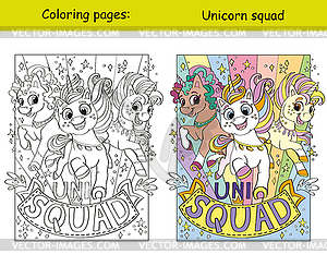 Cute three running unicorn coloring and template - vector image