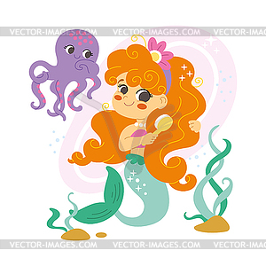 Cute Cartoon Mermaid brushes her hair - vector image