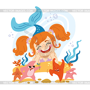 Cute Cartoon Mermaid and starfish - vector clipart