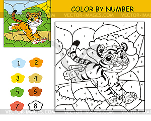 Kids coloring by number running tiger - vector clipart