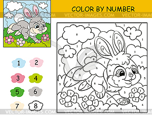 Детская раскраска по номерам бегущий кролик - клипарт в векторе / векторное изображение