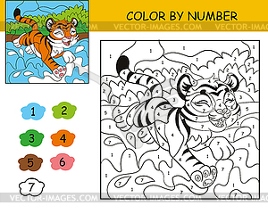 Kids coloring by number joyful tiger - vector clip art