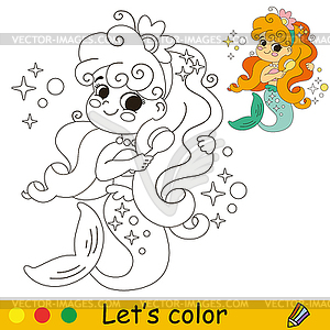 Kids coloring cute mermaid brushes her hair - vector image