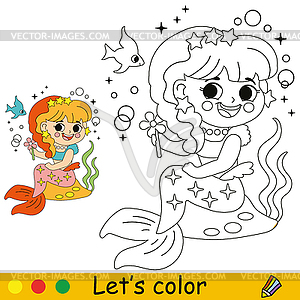 Kids coloring cute mermaid and fish - vector clipart