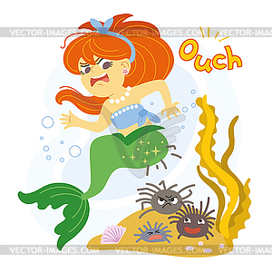 Cute cartoon mermaid sat on sea urchins - vector EPS clipart