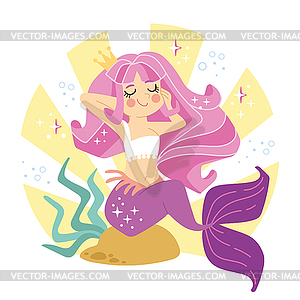 Симпатичная мультяшная русалка с длинными волосами - векторная иллюстрация