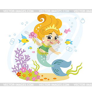 Funny cartoon mermaid and sea fishes - vector clip art