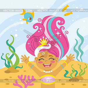 Cute joyful mermaid under sea - vector image