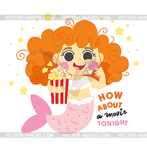 Cute cartoon mermaid with popcorn - vector clipart