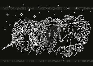 Coloring three heads of unicorns white on black - vector clipart