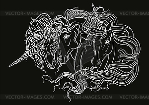 Coloring three heads of unicorns white on black - vector image