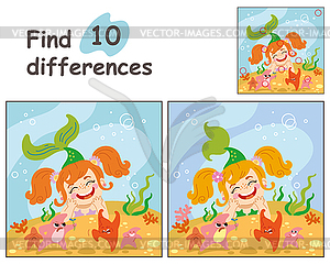 Find 10 differences with mermaid and starfishes - vector clip art