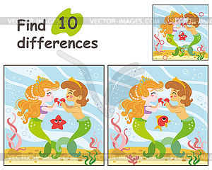 Найди 10 отличий с двумя влюбленными русалками - иллюстрация в векторном формате