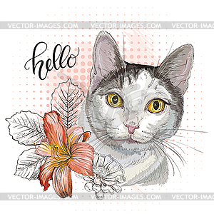 Cute happy cat in flowers - vector clipart