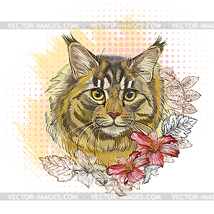 Симпатичный кот породы Мейн-кун в цветах - клипарт в векторе