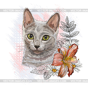 Cute gray cat with flowers - vector clip art